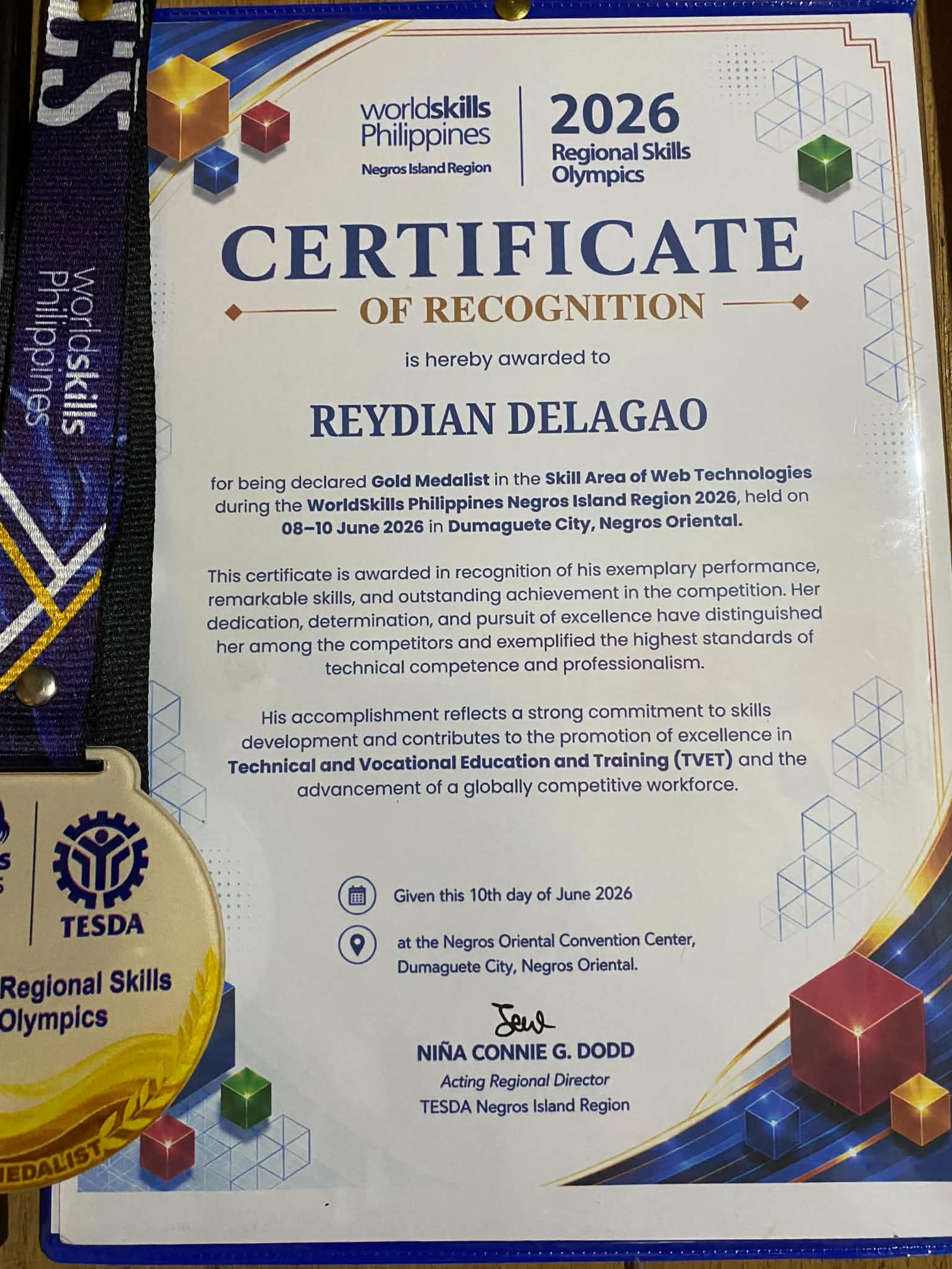 WorldSkills Gold Medalist Certificate